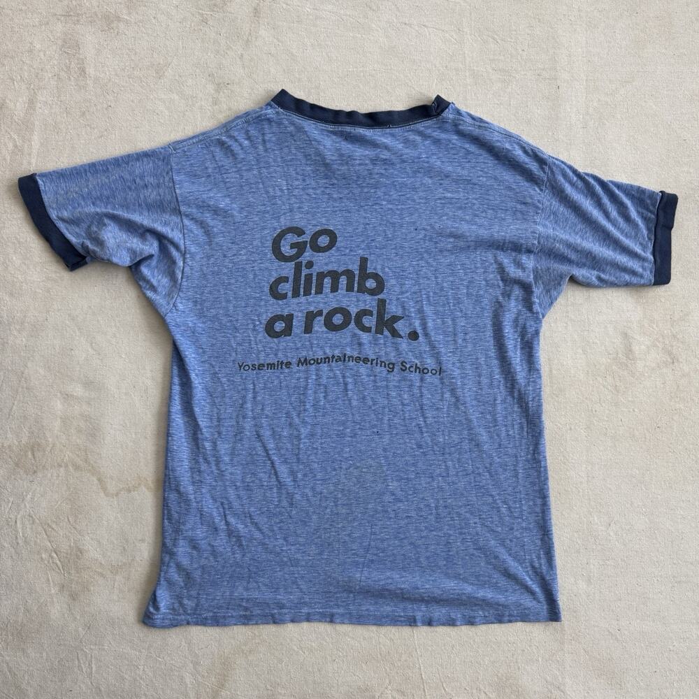Vintage 70s Go Climb A Rock Ringer Shirt XL Yosemite Mountaineering Mayo Spruce